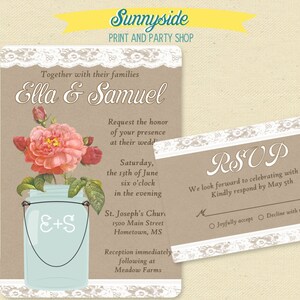 Coral Rose Invitation de mariage // Diy Invite - RSVP // Country Printable Wedding Invitations, Mason Jar Lace Burlap