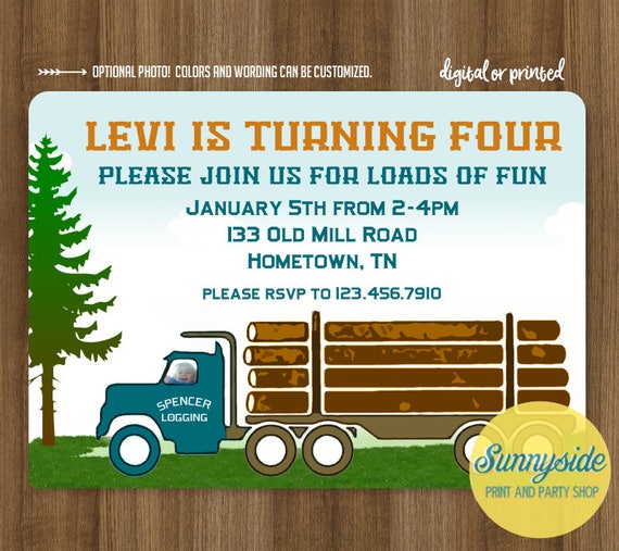 Log Truck Birthday Photo Invitation, Boys Printable Invite - Lumberjack Logger Logging Birthday Party, digital printable invitation Il_570xn