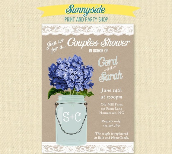 Printable Couples Wedding Shower Invitation - His & Hers shower - Rustic Bridal Shower Invite with blue hydrangeas and mason jar Il_570xn