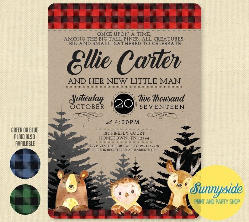 Woodland baby shower invite printable, forest animals friends / woodland creatures, perfect for rustic baby boy shower image 1