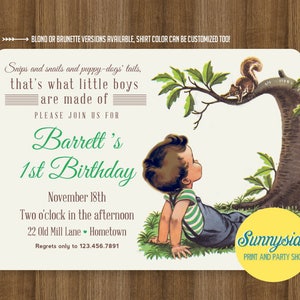 Boys Made of Birthday Invitation, Frogs / Snips Snails Puppy Dog Tails, Vintage Style Printable Birthday Invite, First 1st Birthday any age Brown/Brunette