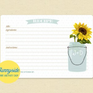 SUNFLOWER Mason Jar Recipe Card - Conception personnalisée de la carte recette / Fichier numérique imprimable - 3x5 ou 4x6