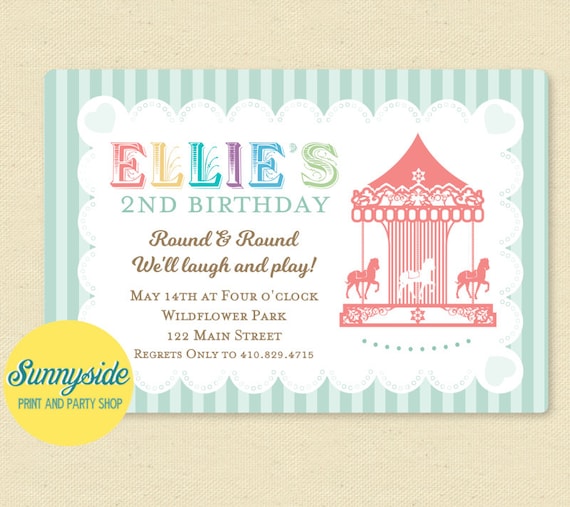 Carousel Birthday Party Invitation, Merry Go Round Carnival Invite, Girls Vintage Style, pastel colors // printable or printed invites Il_570xn