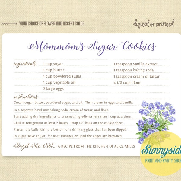 Custom memorial recipe card // forget me not family recipe gift // funeral favor // sentimental gift // personalized printable recipe