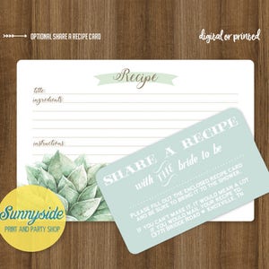 Succulent recipe card // printable or printed recipe card 3x5 or 4x6 // bridal kitchen shower recipe with succulents // personalized recipe image 3