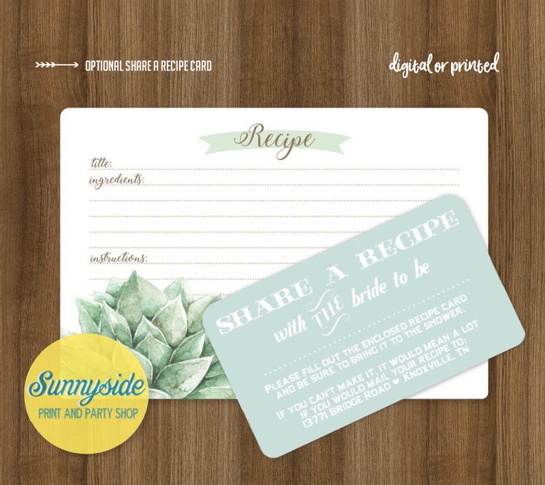 Succulent recipe card // printable or printed recipe card 3x5 or 4x6 // bridal kitchen shower recipe with succulents // personalized recipe image 3