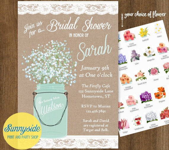 PRINTABLE Babies breath in mason jar invitation with burlap and lace // rustic or country bridal shower Il_570xn
