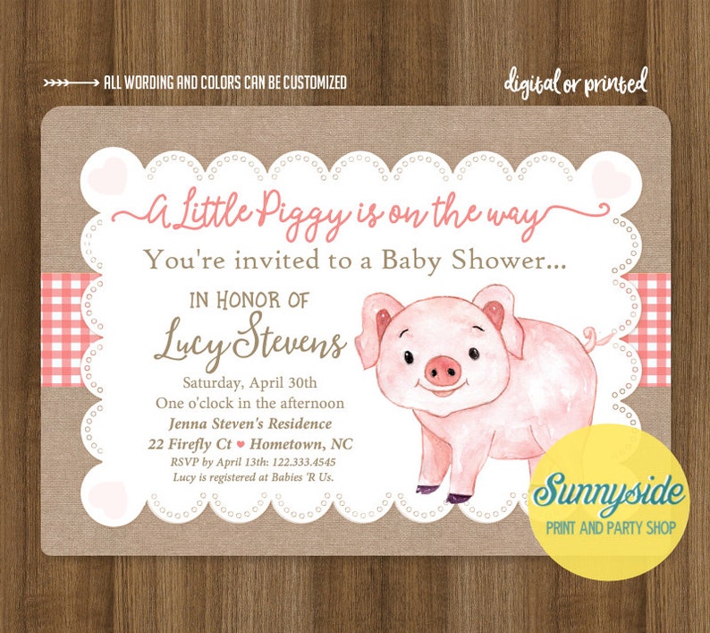 Piggy Baby Shower Invitation, printable baby girl shower invite with burlap and pink gingham, farm baby shower, pig theme, it's a girl image 1