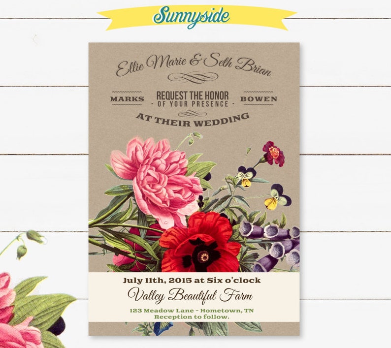 DIY wildflower wedding invitation and response card with vintage letterpress style on rustic kraft background image 1
