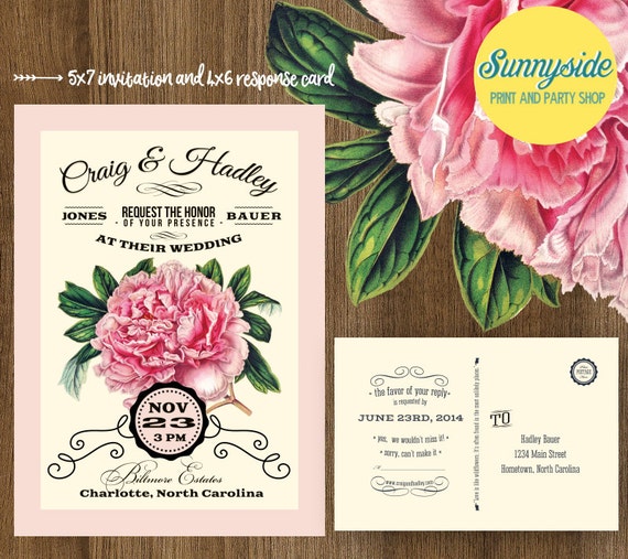 PEONY Vintage Wedding Invitation - Printable Digital Invite & RSVP - Rustic botanical letterpress style for garden wedding Il_570xn