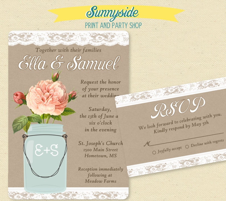 Mason jar printable wedding invitations // kraft burlap lace diy printable invites // barn, country or rustic wedding // you choose flower image 3