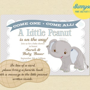 May include: A baby shower invitation with a blue and white polka dot background. The invitation features a cute cartoon elephant with the text "A Little Peanut is on the way!" and "Join us for a baby shower to honor Sarah & Baby Bauer". The invitation also includes the date and time of the shower, and a request for guests to bring a favorite book with a message for the baby.