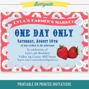 Farmer's Market Birthday Invitation with watercolor strawberry or blueberry, vintage style berry party // printable digital invite file image 2