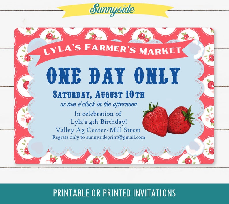 Farmer's Market Birthday Invitation with watercolor strawberry or blueberry, vintage style berry party // printable digital invite file image 2