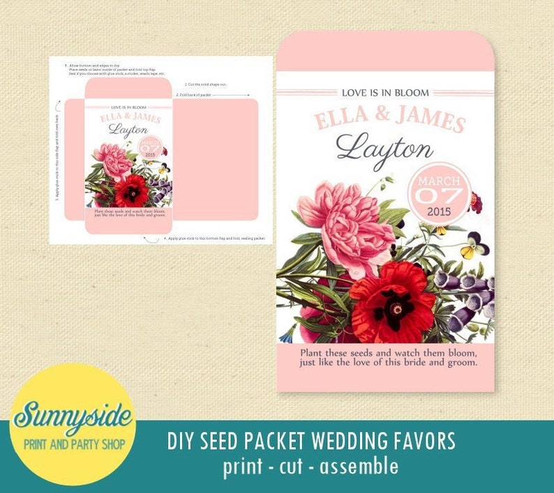 May include: A pink and white wedding favor seed packet with a floral design. The packet says "Love is in Bloom Ella & James Layton March 07 2015" and "Plant these seeds and watch them bloom, just like the love of this bride and groom."