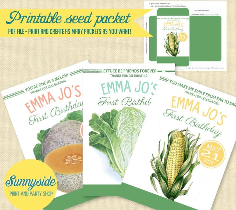 Printable vegetable seed packet favor for farm party, personalized birthday favor with fun garden puns melon corn lettuce strawberry image 1