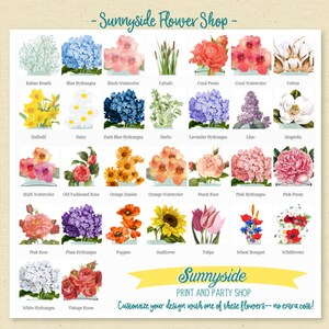Puede incluir: Un gr&aacute;fico de 25 ilustraciones de flores diferentes, cada una con un nombre debajo. El gr&aacute;fico est&aacute; titulado "Sunnyside Flower Shop" e incluye el texto "Personaliza tu dise&ntilde;o con una de estas flores - &iexcl;sin coste adicional!"