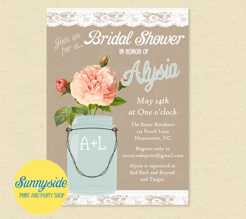 May include: A rustic brown invitation with white lace trim for a bridal shower in honor of Alysia. The invitation features a mason jar with a pink rose and the text "A+L" on the jar. The invitation includes the date, time, location, and RSVP information.