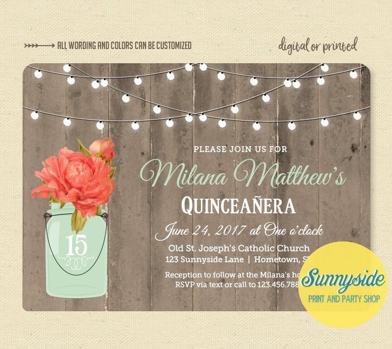 Quinceañera Invitation // Coral Peony in mason jar with woodgrain background // printable or printed invitations, vintage floral image 1