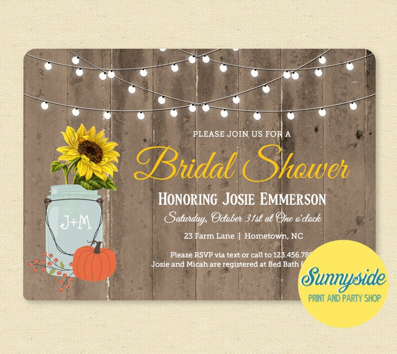 Rustic Fall Bridal Shower Invitation // Barnwood Pumpkin Sunflower & Lights Shower Invite // Printable or Printed wedding shower invitations image 1