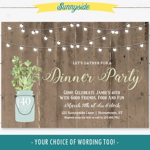 May include: A rustic woodgrain background with a string of white lights. The text "Let's gather for a Dinner Party" is written in a cursive font. The text "Come celebrate Jamie's 40th with good friends, food and fun" is written in a sans-serif font. The text "March 11th at Six o'clock" is written in a cursive font. The text "122 Sunnyside Lane | Hometown, ST" is written in a sans-serif font. The text "Regrets only via text or call to 123.456.7911" is written in a sans-serif font. The text "Your choice of wording too!" is written in a sans-serif font.