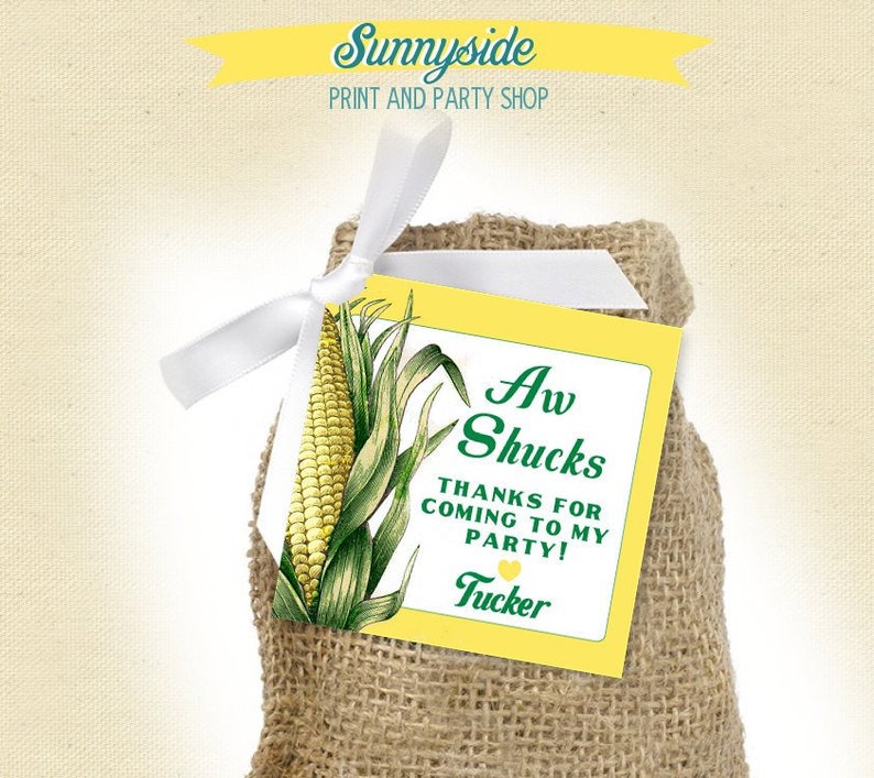 Boys Farm Birthday Favor Tag in yellow and green with Aw Shucks pun and ear of corn, funny corny printable square party favor tag image 1