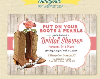 Stivali & perle Invito doccia da sposa - Paese, Cowgirl, Western Bridal Doccia Invito, Rosa, invito digitale stampabile