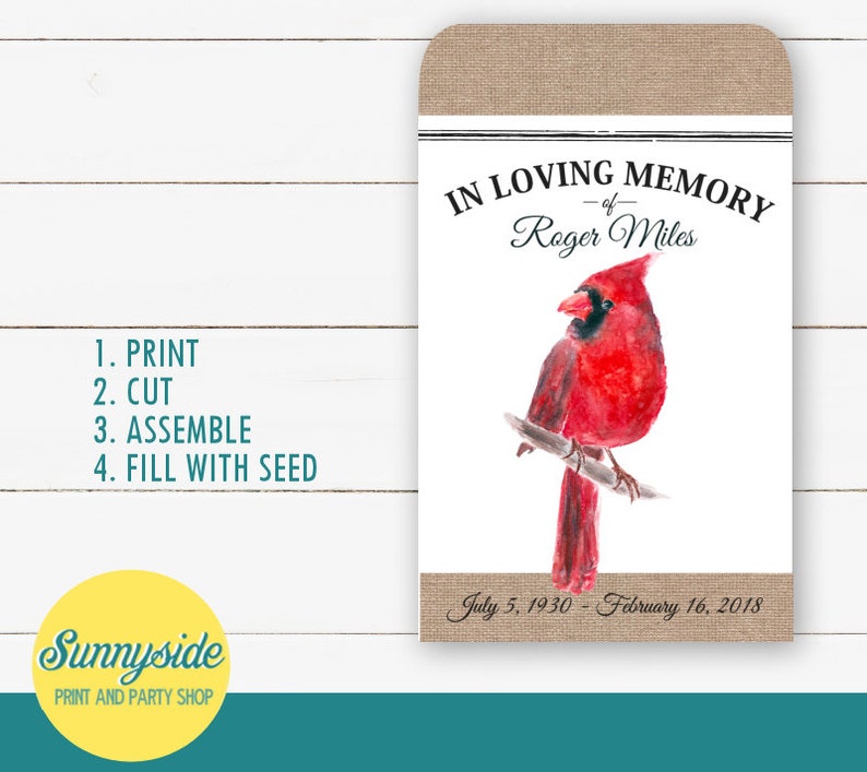 DIY printable memorial seed packet with Cardinal bird, in memory funeral favor, keepsake momento, fill with bird seed image 2