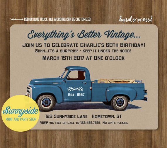 Men's Vintage Truck Birthday Invitation / surprise birthday invite with blue or red retro pickup / milestone birthday party / under the hood Il_570xn