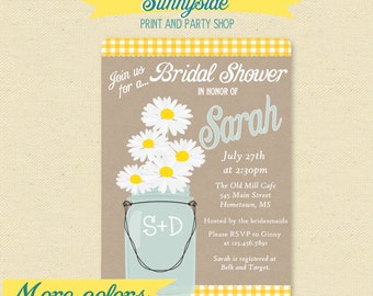 Daisy Mason Jar with Gingham Ribbon Kraft Invite -  Bridal Shower Invitation, Daisies, Any Color