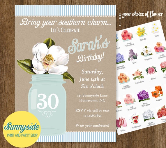 Magnolia Birthday Party Printable Invitation with Mason Jar - 20 30 40 50th, southern, floral invitation, womans birthday Il_570xn