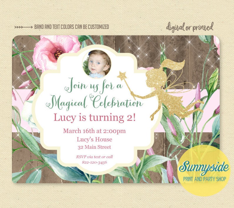 Floral Fairy Birthday Garden Party Invitation with photo, printable invite, JPG and PDF provided image 1