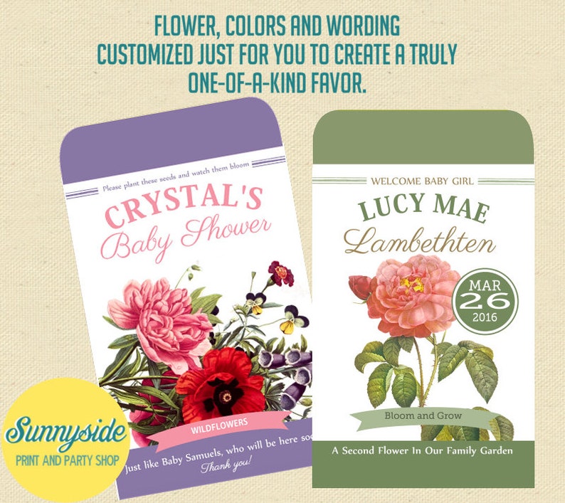 May include: Two seed packet favors for a baby shower. The first packet features a floral illustration with the text "Crystal's Baby Shower". The second packet features a pink rose with the text "Welcome Baby Girl Lucy Mae Lambethten Mar 26 2016" and "Bloom and Grow A Second Flower In Our Family Garden".