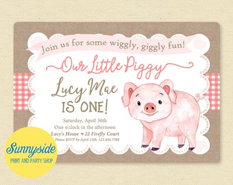 Pig Birthday Invitation, Piggy, Burlap, Farm, Printable Girls 1st Birthday Party Invite, Pink, Any age