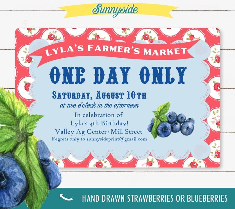 Farmer's Market Birthday Invitation with watercolor strawberry or blueberry, vintage style berry party // printable digital invite file image 1