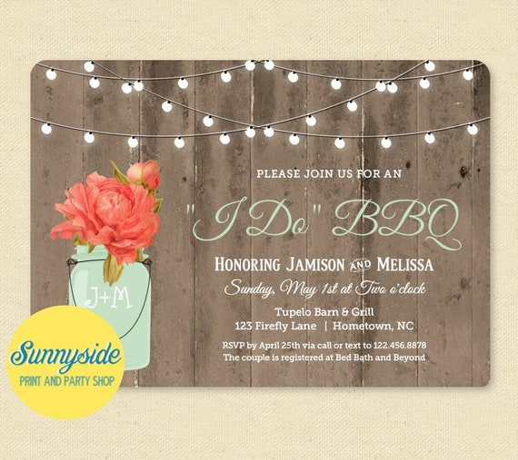 I Do BBQ Printable Invitation with rustic mason jar, barbecue wedding couples shower invite, Barn Wood & Lights invite Il_570xn