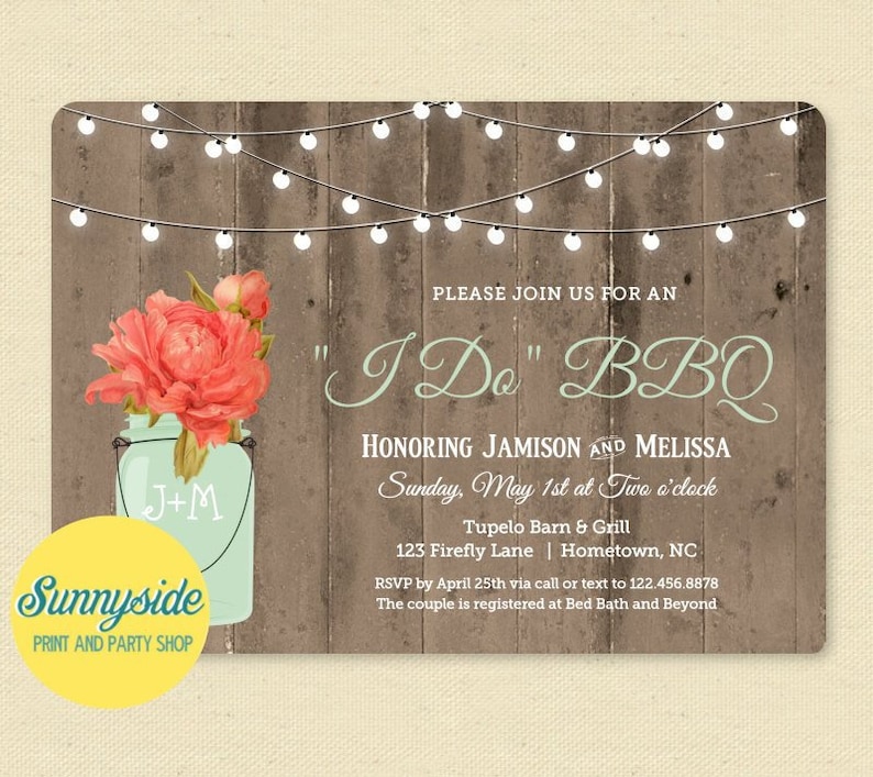 I Do BBQ Printable Invitation with rustic mason jar, barbecue wedding couples shower invite, Barn Wood & Lights invite image 1