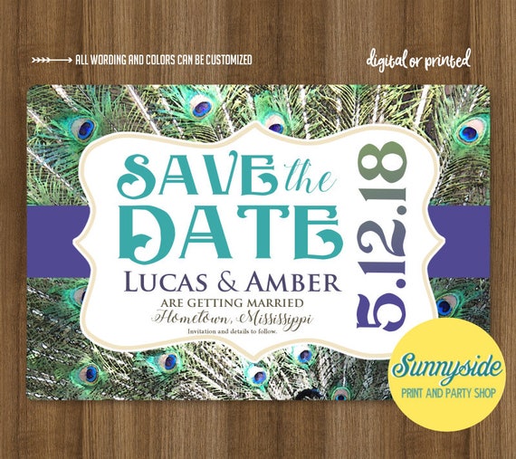 Peacock Save the Date, Peacock Wedding, Save the Date Card, Printable Save Date, Engagement, Peacock Feathers, Printable Il_570xn