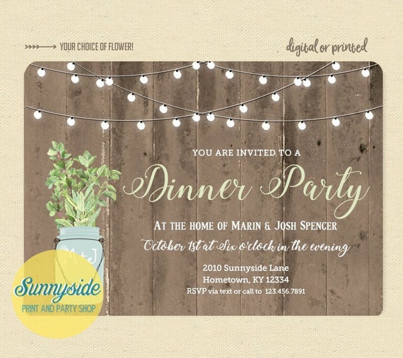 Rustic dinner party invitation, cocktail party invite with twinkle lights & barnwood, herbs in mason jar, printable digital file Il_570xn