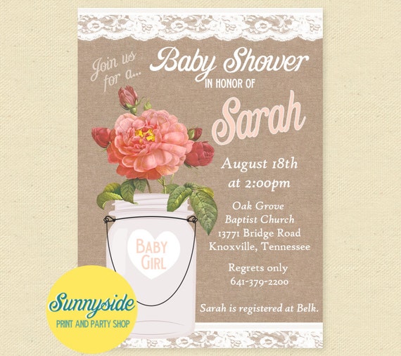 Mason Jar Baby Shower Invitation, Baby Girl Invite with Burlap and Lace, Rustic Floral Printable Country, baby girl shower, it's a girl rose Il_570xn