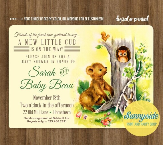 Printable personalized baby shower invitation for forest friends or woodland baby shower, gender neutral, bear cub invite Il_570xn