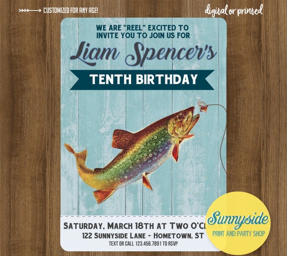 Fishing Birthday Party Invitation for any age! // Printable or Printed fisherman invite with trout // optional photo boys or mens birthday Il_570xn