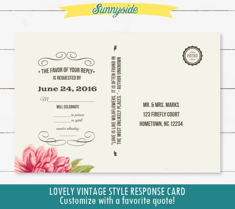 DIY wildflower wedding invitation and response card with vintage letterpress style on rustic kraft background image 2