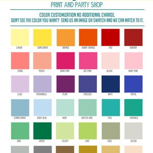 May include: A color chart with 36 different color swatches. The swatches are arranged in a grid of six columns and six rows. Each swatch is labeled with a color name, such as "lemon", "sunflower", "orange", "burnt orange", "red", "auburn", "coral", "peach", "dark pink", "hot pink", "blush", "baby pink", "lilac", "periwinkle", "plum", "peacock", "navy", "royal", "cornflower", "baby blue", "mint", "greyed jade", "teal", "emerald", "jade", "green", "celery", "lime", "sage", "silver", "grey", "dark grey", "earth", "gold", "harvest", and "linen".