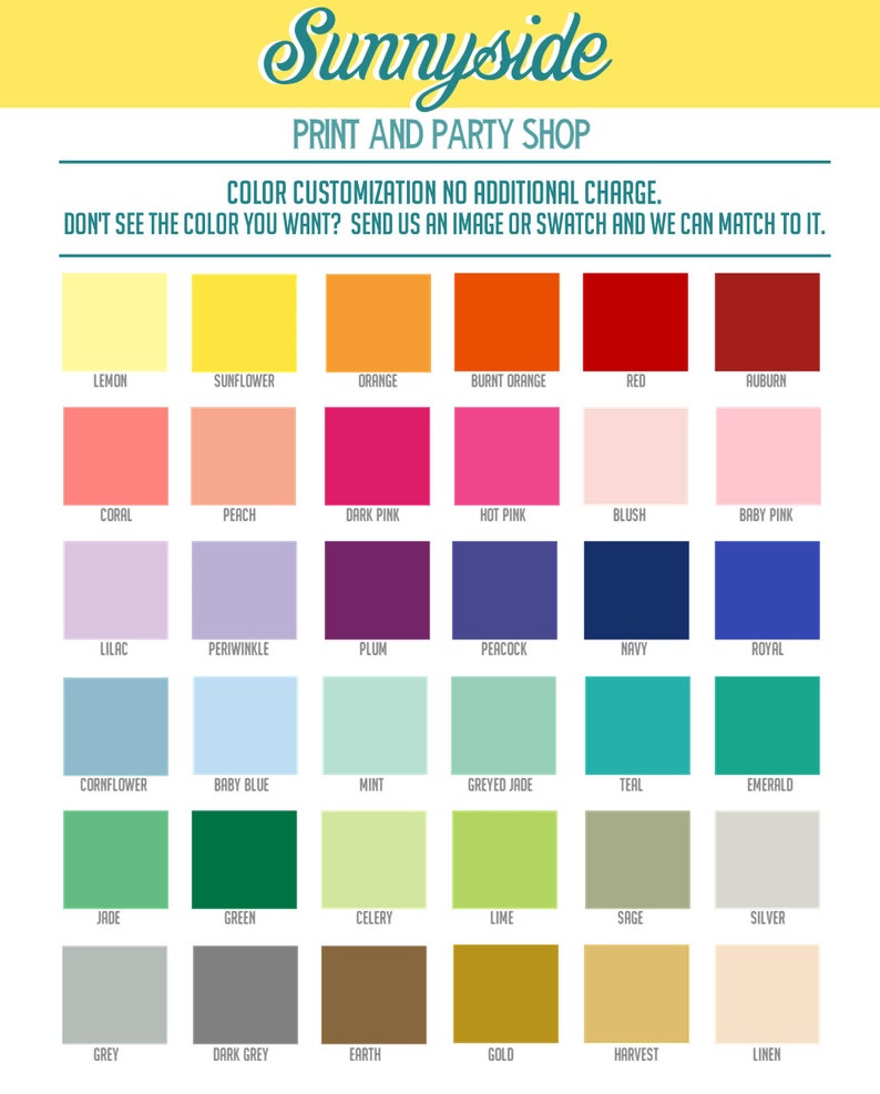 May include: A color chart with 36 different color swatches. The swatches are arranged in a grid of six columns and six rows. Each swatch is labeled with a color name, such as "lemon", "sunflower", "orange", "burnt orange", "red", "auburn", "coral", "peach", "dark pink", "hot pink", "blush", "baby pink", "lilac", "periwinkle", "plum", "peacock", "navy", "royal", "cornflower", "baby blue", "mint", "greyed jade", "teal", "emerald", "jade", "green", "celery", "lime", "sage", "silver", "grey", "dark grey", "earth", "gold", "harvest", and "linen".