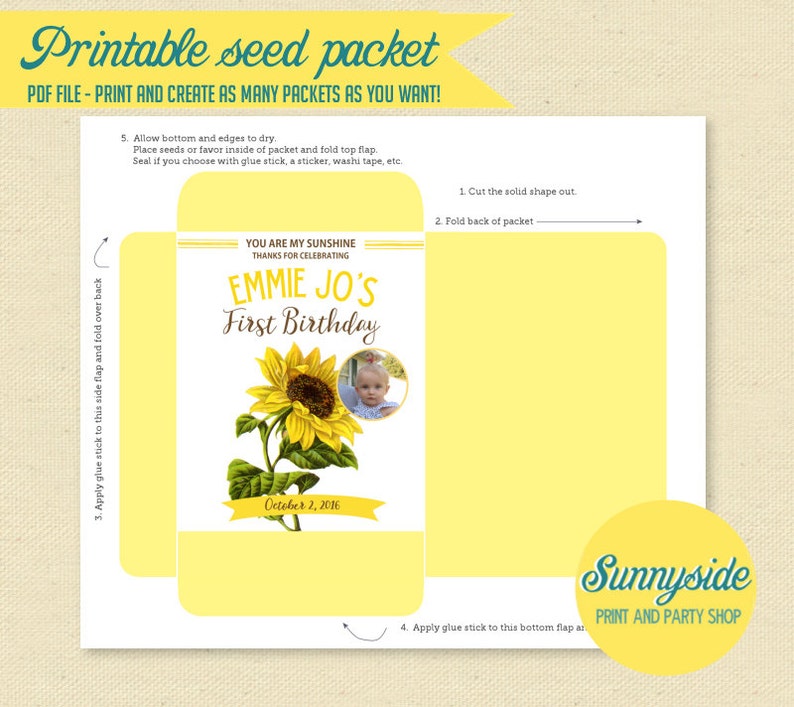 Sunflower Seeds Birthday Seed Packet Favor // 1st First Birthday Party Seeds // Sunflowers, DIY printable favor image 2