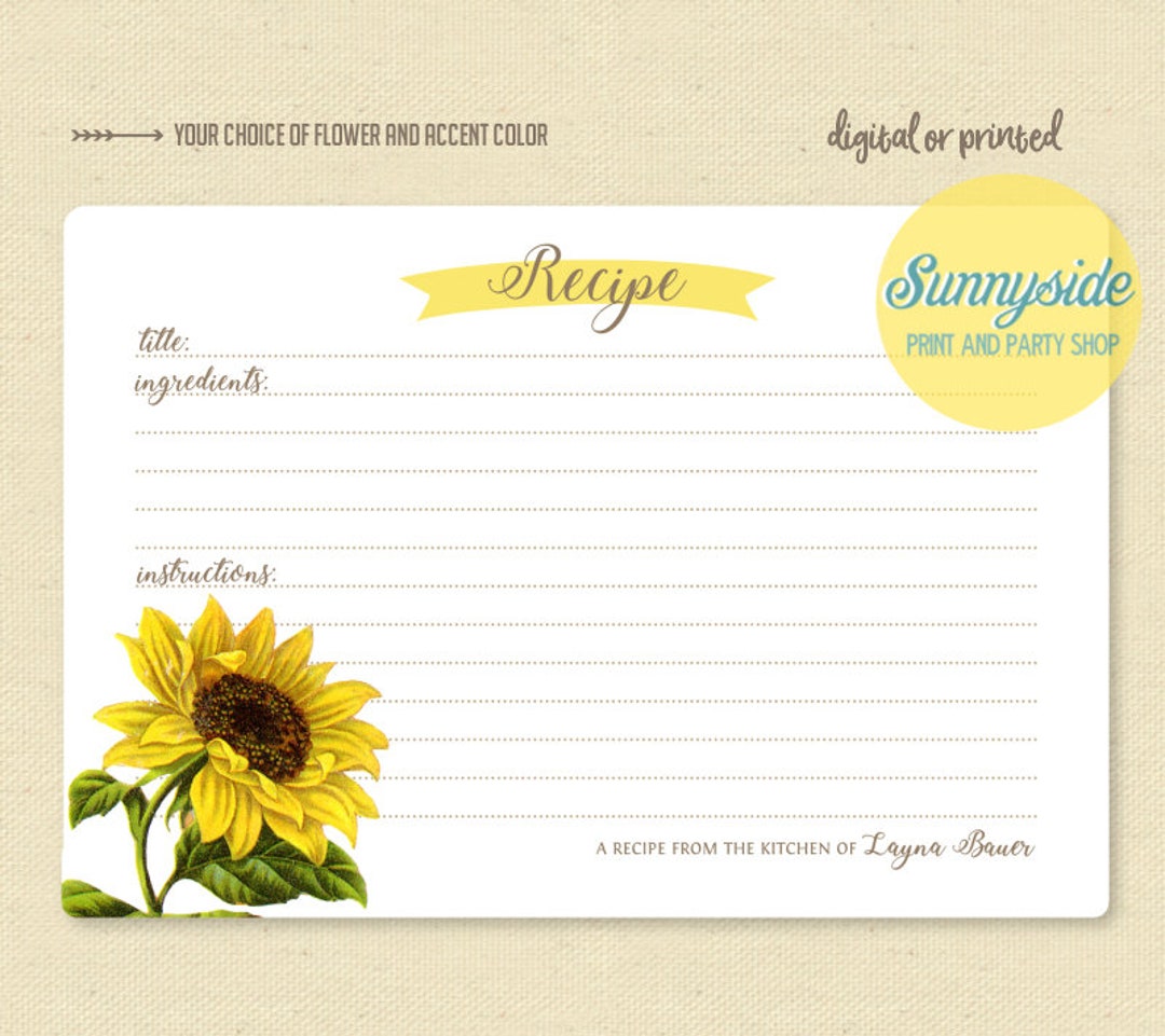 Botanical Floral Recipe Card Sunflower // Printable Digital Etsy