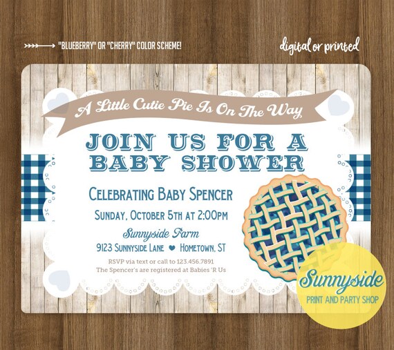 Cutie Pie Printable Baby Shower Invitation for baby boy, blueberry theme rustic baby shower, digital invitation Il_570xn