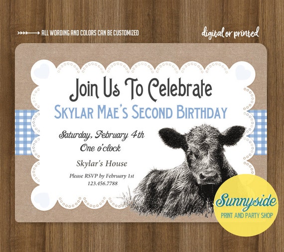 Farm / Cute Calf Cow Birthday Invitation, Barnyard Birthday Invite, Printable or Printed, 1st 2nd 3rd any age boy or girl, any colors, angus Il_570xn