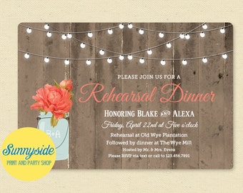 Rustic Rehearsal Dinner Invitation: Barnwood Twinkle Lights, Peony (Printable Digital File)